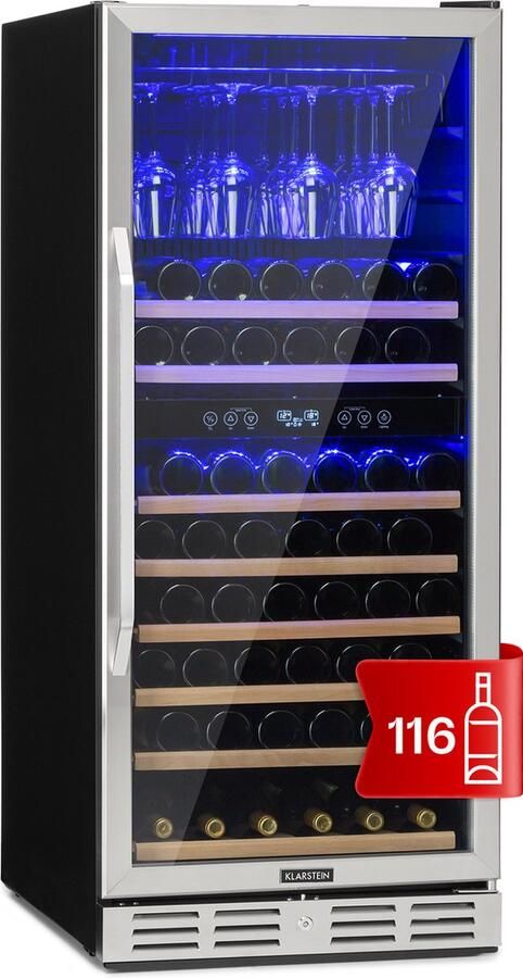 Klarstein Inbouw wijnkoelkast 2 zones drankenkoelkast klein Kleine wijnkast 306L Wijnkoelkast klein met glazen deur Indoor Outdoor flessenkoelkast Wine Fridge voor 116 flessen - Foto 2