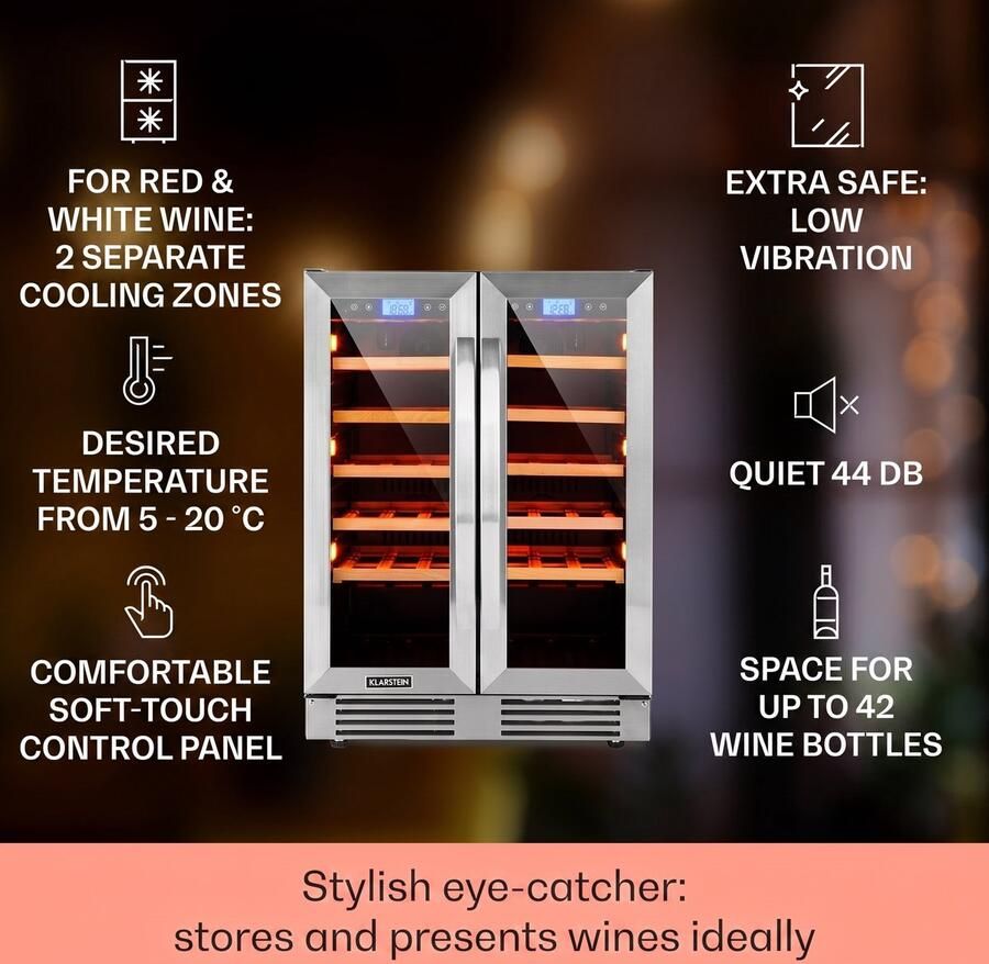 Klarstein Inbouw Wijnkoelkast 2 Zones – Wijnklimaatkast 126L met Glazen Deur – Drankenkoelkast voor Binnen Buiten – Temperatuurregeling – Capaciteit 42 Flessen 60 cm Touch Vrijstaand Wit glas Display Rood Wijnkast