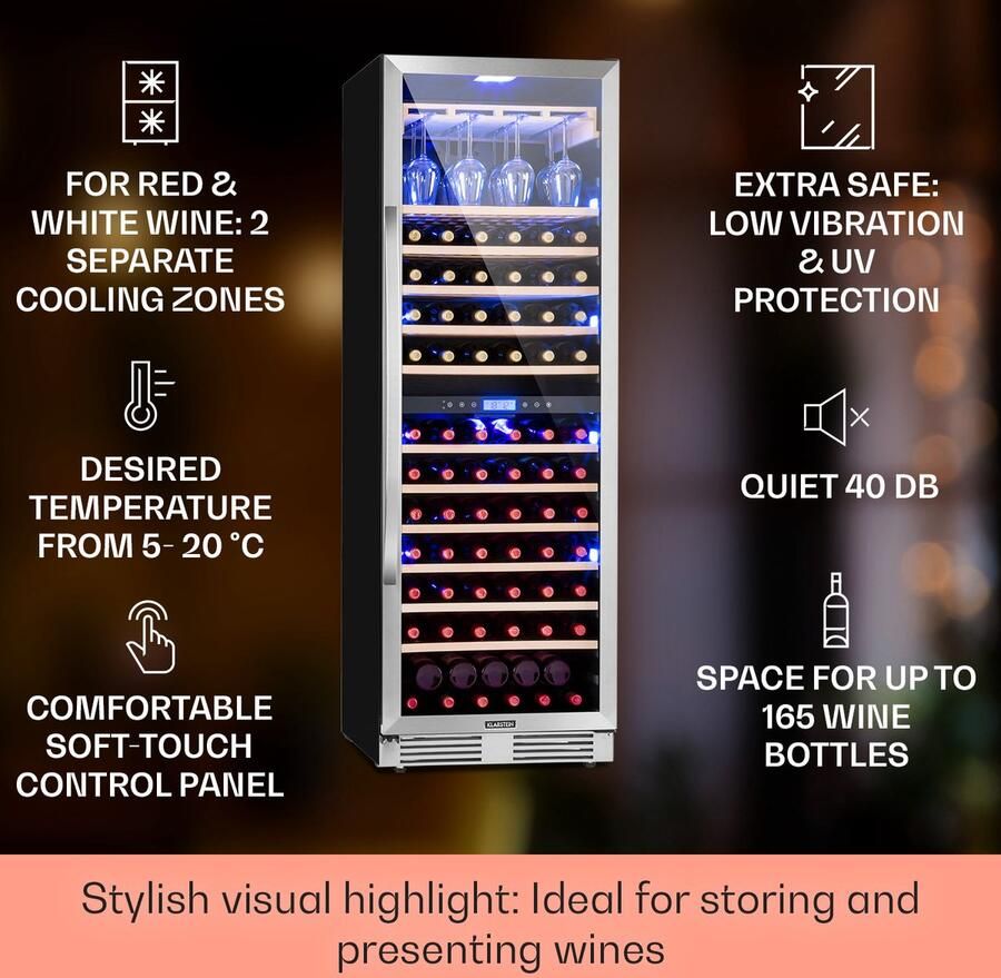 Klarstein Einbau Weinkühlschrank 2 Zonen Getränkekühlschrank Klein Kleiner Weinschrank 433L Wein Kühlschrank Klein met Glastür Indoor Outdoor Flaschenkühlschrank Wine Fridge 165 Flaschen – geschikt voor thuisfitness en sportschoolgebruik duurza