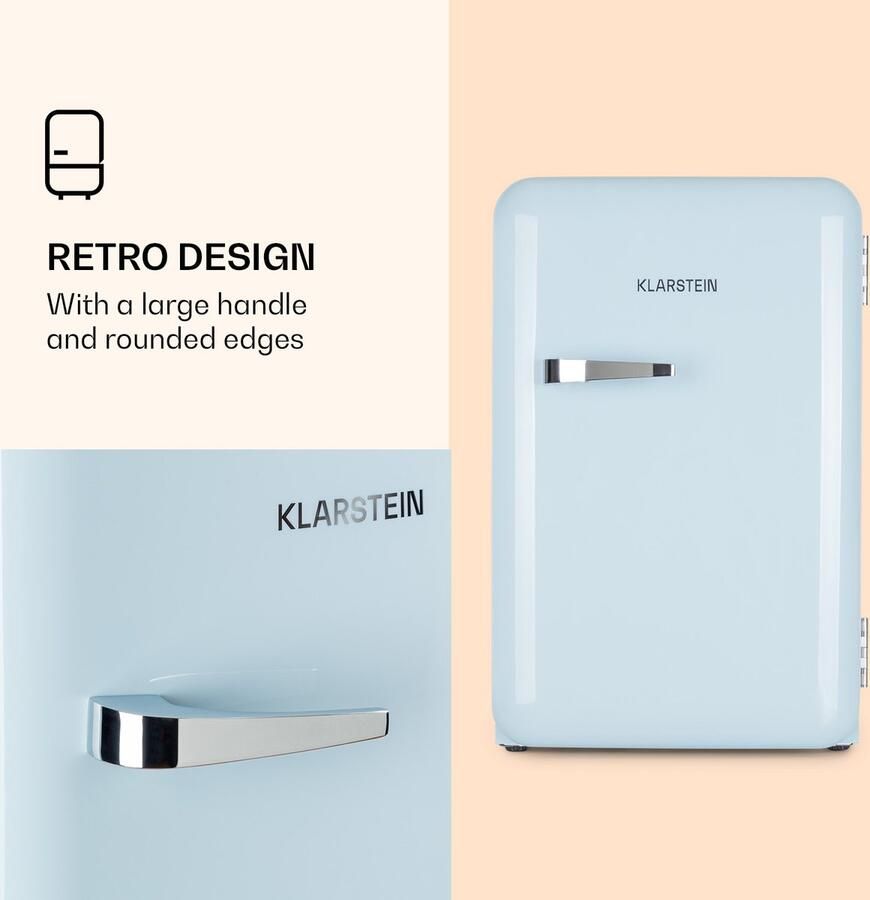 Klarstein Koelkast Audrey Mini retro volume: 70 Liter Temperatuur: 0-10 °C 4 Niveaus 2 Deurvakken 3 Schappen Compressiekoeling mechanische thermostaat retro design Jaren 50 look Blauw voor Keuken voor Kantoor