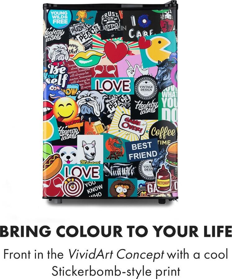 Klarstein Koelkast Cool Vibe Inhoud: 70 liter VividArt Concept: Deur met stickerbomb-designprint ijsvak ijsblokjesbakje geluidsniveau: 42 dB zwart 72L Mini Fridge Compact Koelkast Kleine Koelkast Vrijstaande Koelkast
