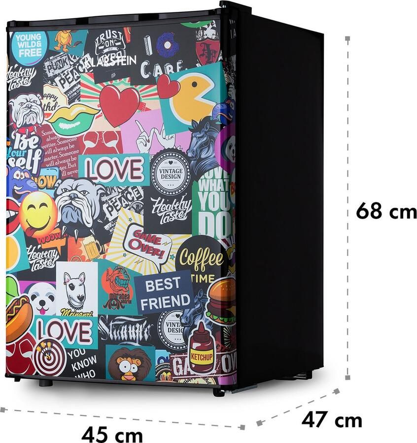 Klarstein Koelkast Cool Vibe Inhoud: 70 liter VividArt Concept: Deur met stickerbomb-designprint ijsvak ijsblokjesbakje geluidsniveau: 42 dB zwart 72L Mini Fridge Compact Koelkast Kleine Koelkast Vrijstaande Koelkast