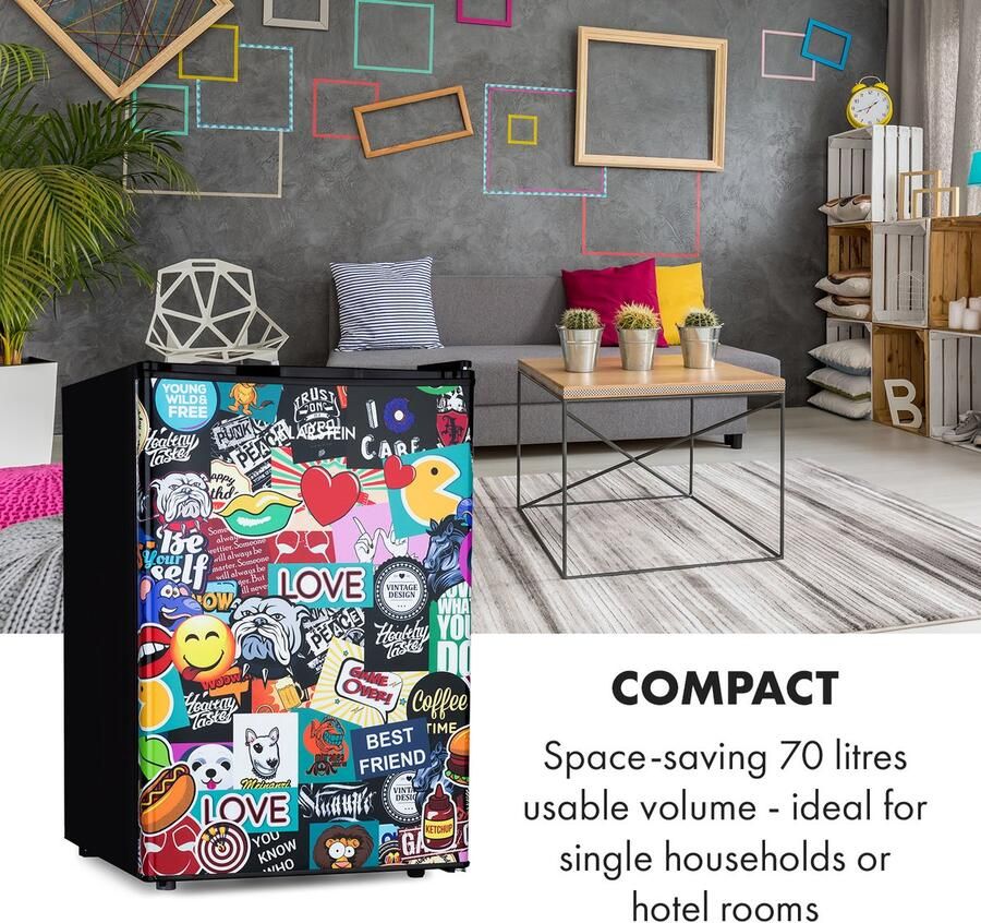 Klarstein Koelkast Cool Vibe Inhoud: 70 liter VividArt Concept: Deur met stickerbomb-designprint ijsvak ijsblokjesbakje geluidsniveau: 42 dB zwart 72L Mini Fridge Compact Koelkast Kleine Koelkast Vrijstaande