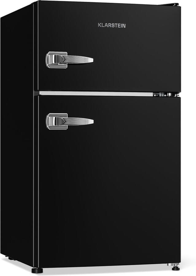 Klarstein Irene Koel-vriescombinatie 85 Liter 61 Liter koelkast & 24 Liter vriesvak 2 Schappen Groentevak Koeltemperatuur: 0-10 °C Vriestemperatuur: -18 °C 41 dB EEK: E Jaren 50 Retro Look Deur met flesopener Zwart - Foto 2
