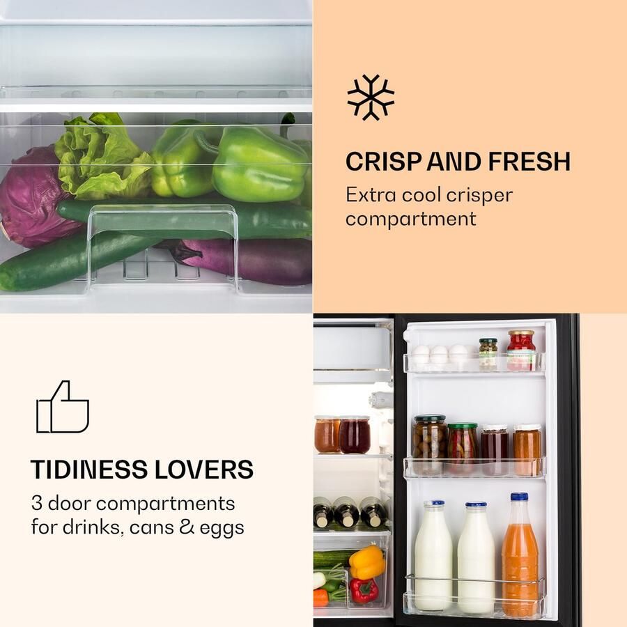 Klarstein Koelkast Luminance Frost Capaciteit: 91 Liter Energie-efficiëntieklasse E Crispvak 2 Glazen schappen 3 Deurvakken Temperatuurinstelling: 7 Standen Zwart voor Keuken Compact Mini Fridge Compact Koelkast