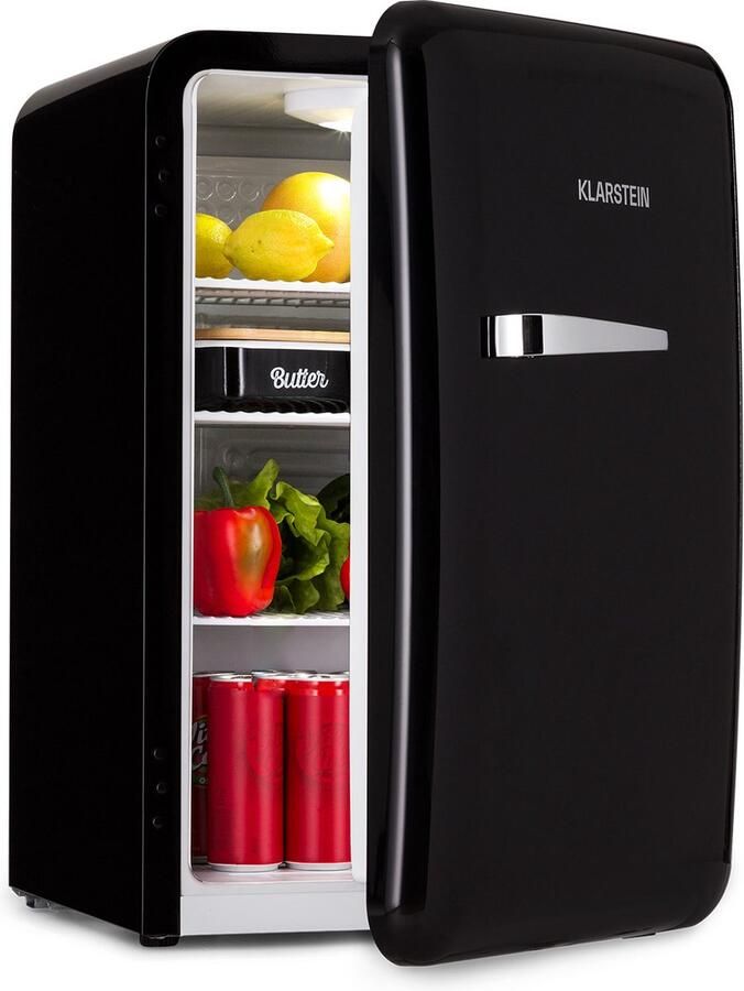 Klarstein Audrey Mini retro koelkast Volume: 70 Liter Temperatuur: 0-10 °C 4 Niveaus 2 Deurvakken 3 Schappen Compressiekoeling Binnenverlichting Mechanische thermostaat Retro design Jaren 50 look EEK: E Geruisloos Zwart