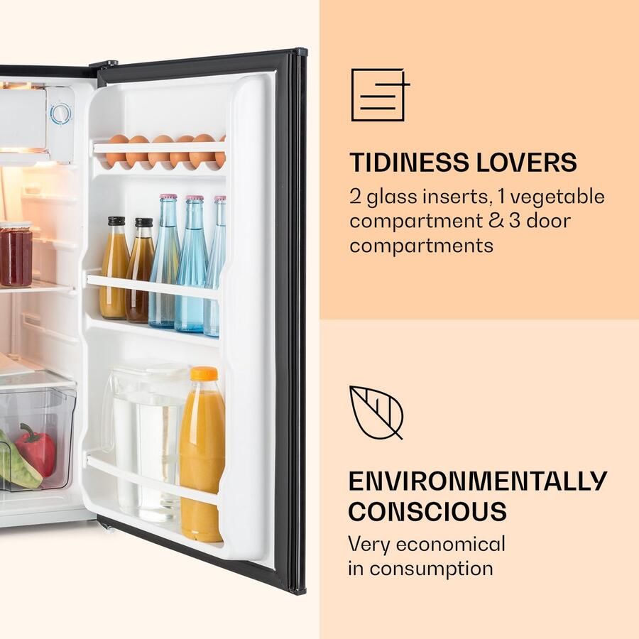 Klarstein Koelkast Zelfvoorzienend design Koelkast volume: 91 Liter 2 Niveaus 5 Standen Thermostaat IJsvak Zwart 90L voor Keuken Compact Mini Fridge Compact Koelkast Kleine Koelkast Vrijstaande