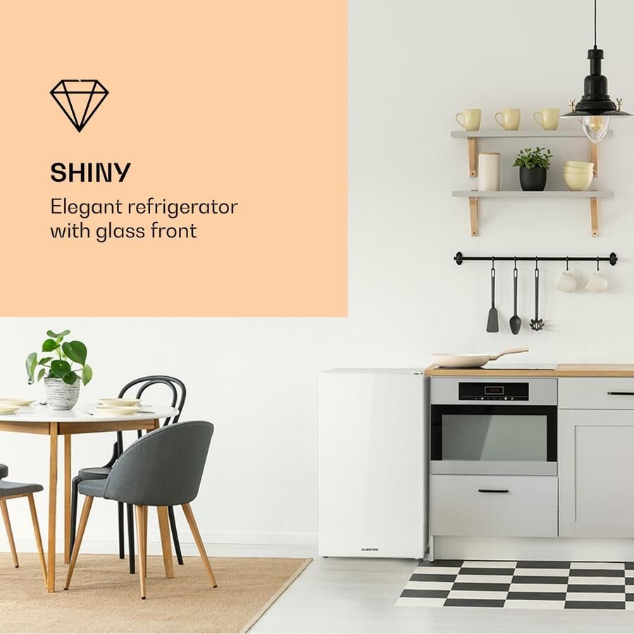 Klarstein Luminance Frost Koelkast Capaciteit: 91 Liter Energie-efficiëntieklasse E Crispvak 2 Glazen schappen 3 Deurvakken 41 Db Temperatuurinstelling: 7 Standen Wit