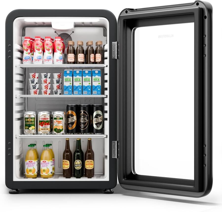 Klarstein Mini-Koelkast Audrey Evo Drankkoelkast met Glazen Deur 95L Mini Koelkast retro-design LED-Verlichting Dubbel Glasdeur 0-10 °C Energieklasse C Zwart Drankenkoelkast 95L Compact Thermostaat Verstelbaar
