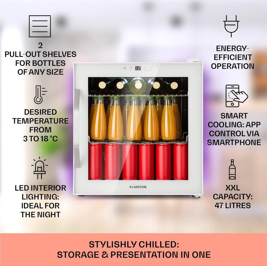 Klarstein Coachella 50 Wijnkoelkast 47 Liter WIFI Functie Balanced Light Concept Twee Metalen Schappen Sfeervolle Achtergrondverlichting Touch Bedieningspaneel Praktisch Roestvrij Staal Wit