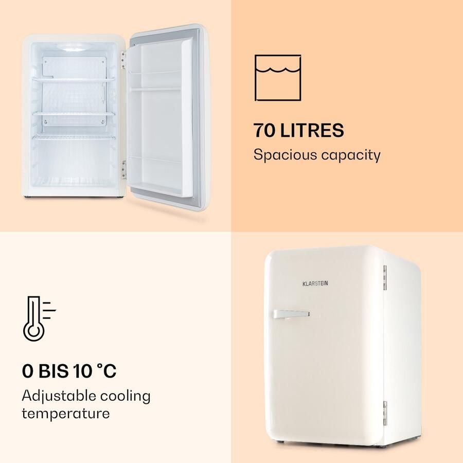 Klarstein Audrey Mini kleiner Kühlschrank kompakte Mini Bar freistehend Kompressionskühlung Fassungsvermögen Kühlung: 0 10 °C Mini Kühlschrank met 70 Liter Fassungsvermögen weiß – geschikt voor thuisfitness en sportschoolgebruik duurzame cons