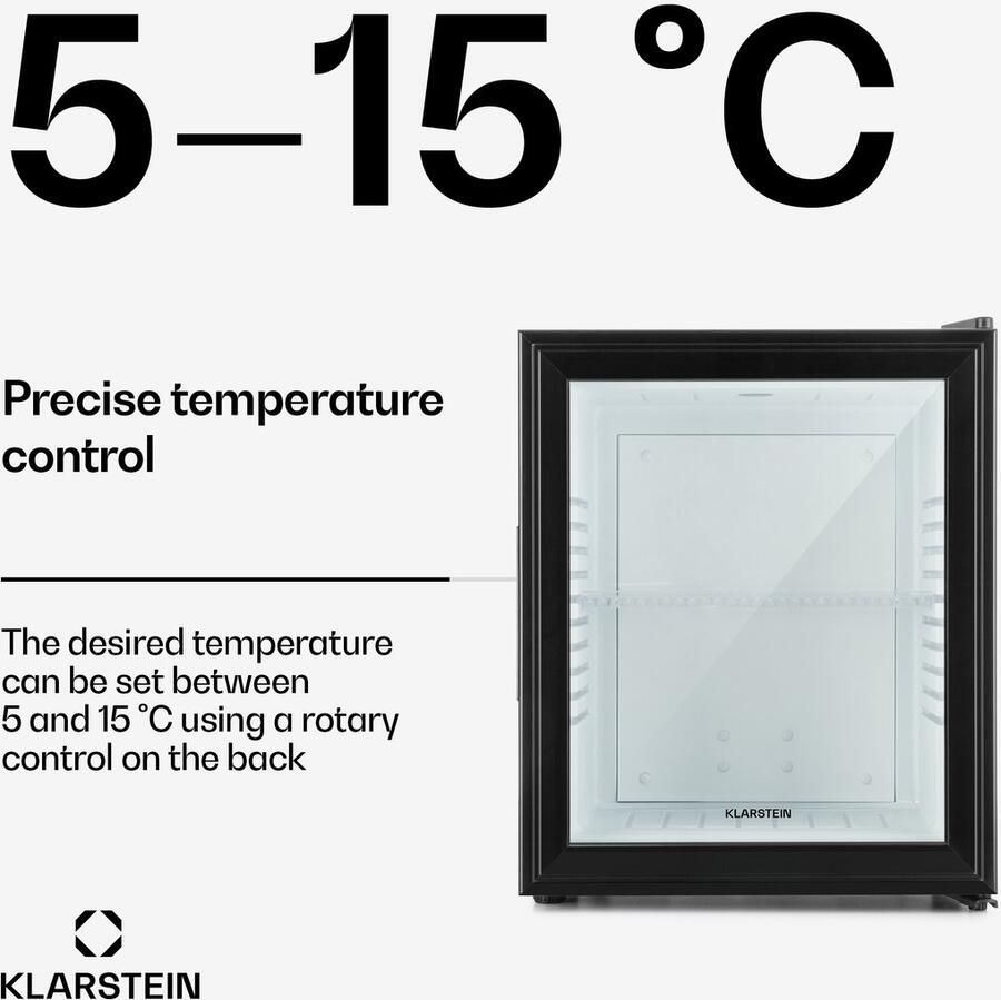 Klarstein Minibar Barmodel Koelkast 23 Liter glas 23dB Zwart Minikoelkast 5-15°C voor Hotelkamer voor Kantoor Stil Compact Mini Fridge Kleine Koelkast Hotelkoelkast Drankkoeler Compact Koelkast