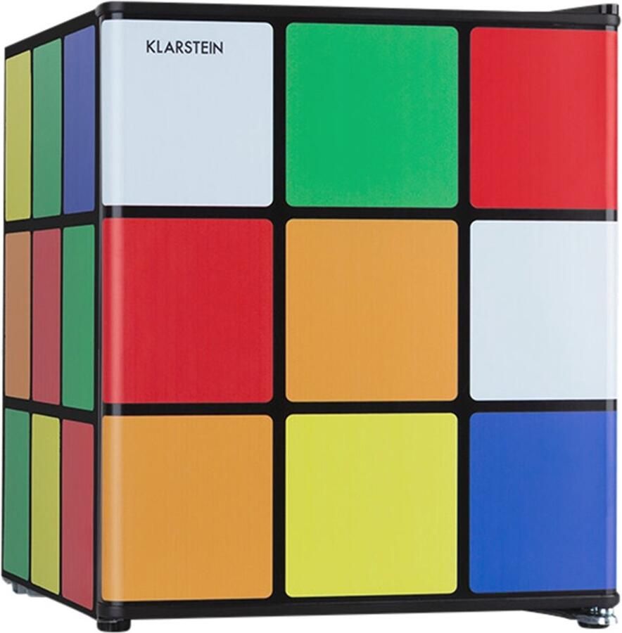 Klarstein Solve Mini Kühlschrank Minibar thermoelektrisches Kühlsystem 48 Liter Fassungsvermögen mechanischer Drehregler Kühlung: 0 bis 10 °C schwarz bunt – geschikt voor thuisfitness en sportschoolgebruik duurzame constructie eenvoudig te