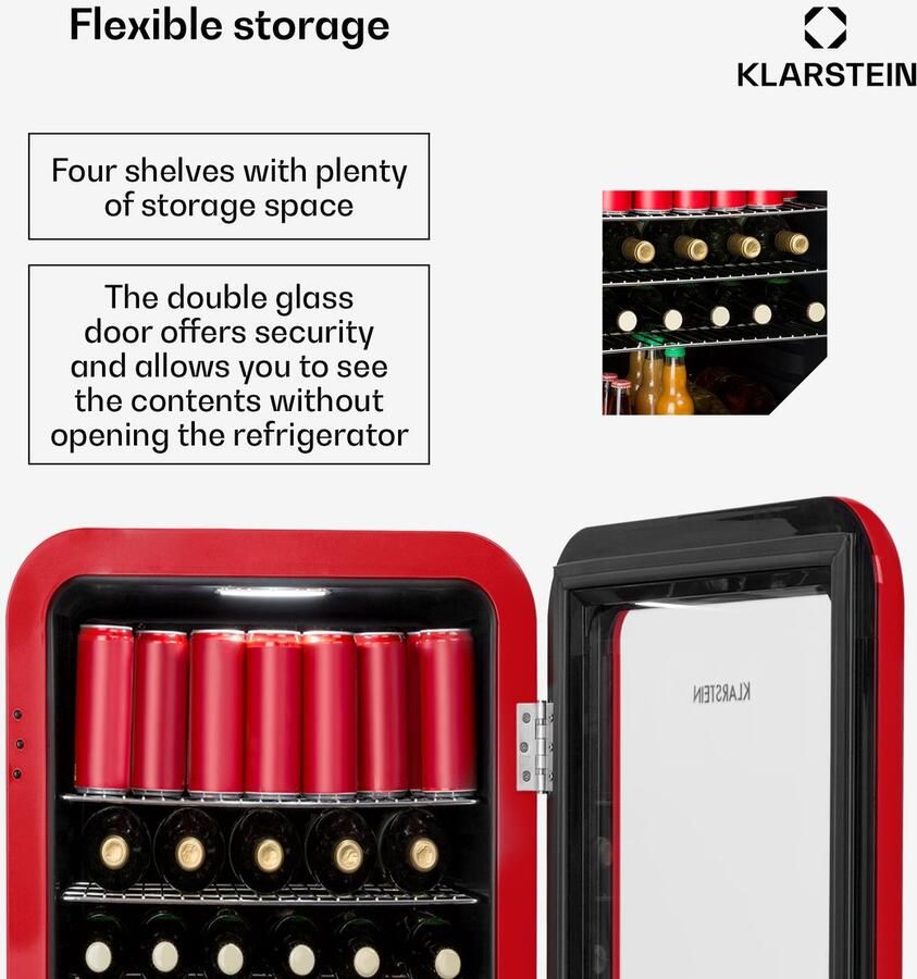 Klarstein PopLife Drankenkoeler Mini-bar Retrokoelkast 0-10°C slechts 39 dB 115 L milieuvriendelijk dubbel glazen deur Retro-design rood