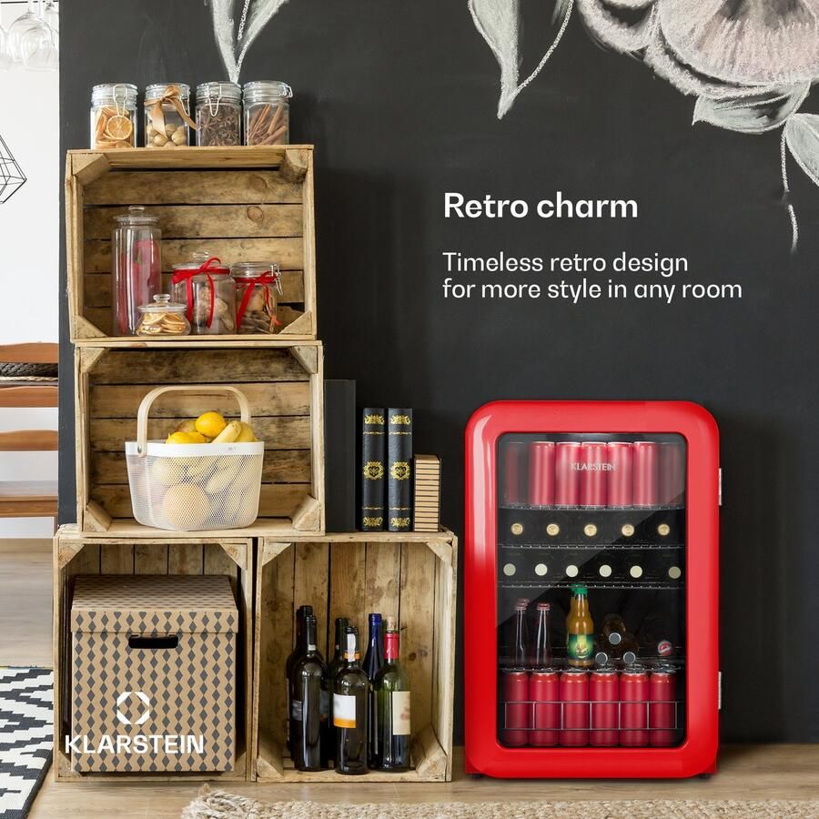 Klarstein PopLife Drankenkoeler Mini-bar Retrokoelkast 0-10°C slechts 39 dB 115 L milieuvriendelijk dubbel glazen deur Retro-design rood