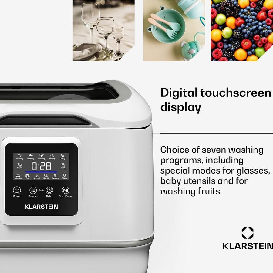 Klarstein SilentScrub Tischgeschirrspüler kompakte & tragbare Tischspülmaschine voor 3 Gedecke 7 Programme & digitaler Touchscreen leiser Betrieb bei 55 dB – geschikt voor thuisfitness en sportschoolgebruik duurzame constructie eenvoudig te monter