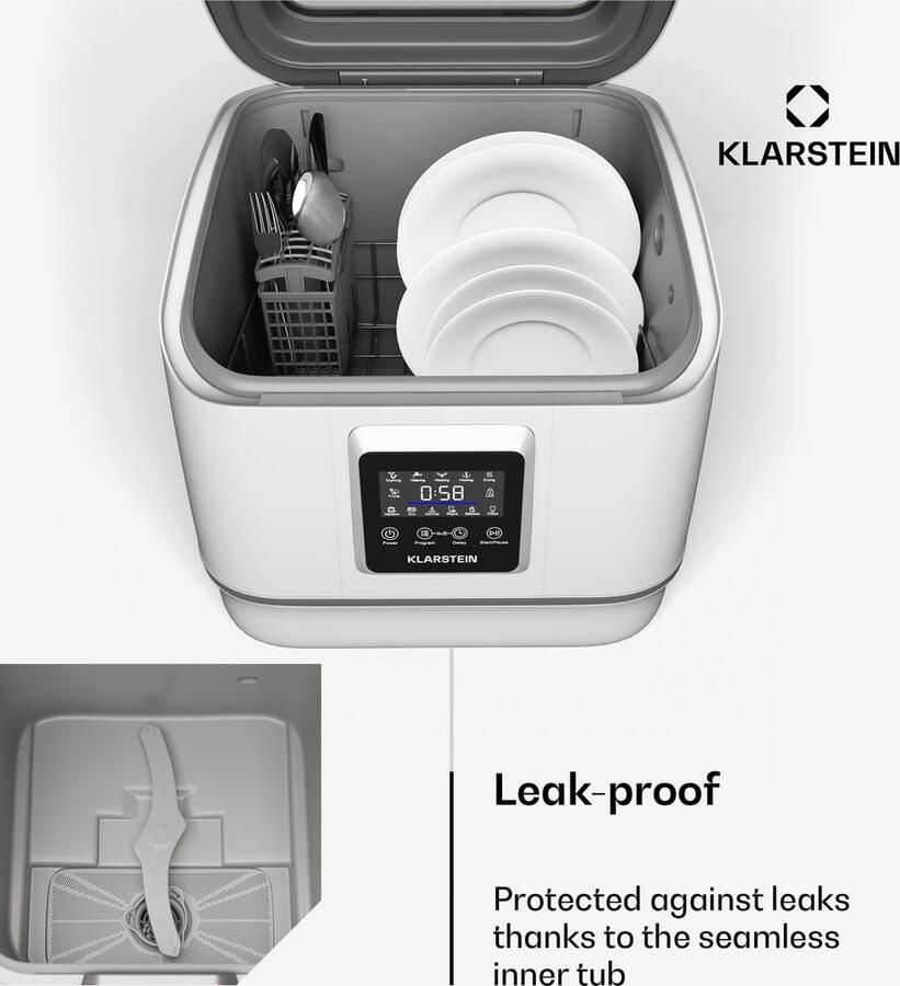 Klarstein SilentScrub Tischgeschirrspüler kompakte & tragbare Tischspülmaschine voor 3 Gedecke 7 Programme & digitaler Touchscreen leiser Betrieb bei 55 dB – geschikt voor thuisfitness en sportschoolgebruik duurzame constructie eenvoudig te monter - Foto 5