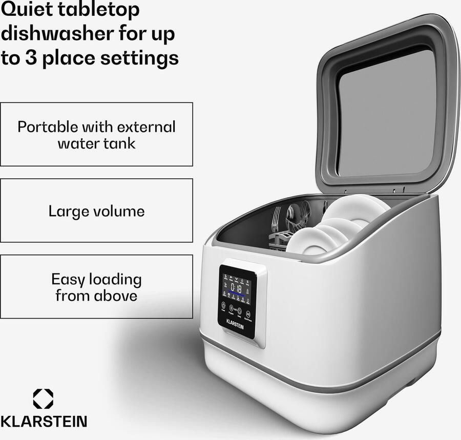 Klarstein SilentScrub Tischgeschirrspüler kompakte & tragbare Tischspülmaschine voor 3 Gedecke 7 Programme & digitaler Touchscreen leiser Betrieb bei 55 dB – geschikt voor thuisfitness en sportschoolgebruik duurzame constructie eenvoudig te monter