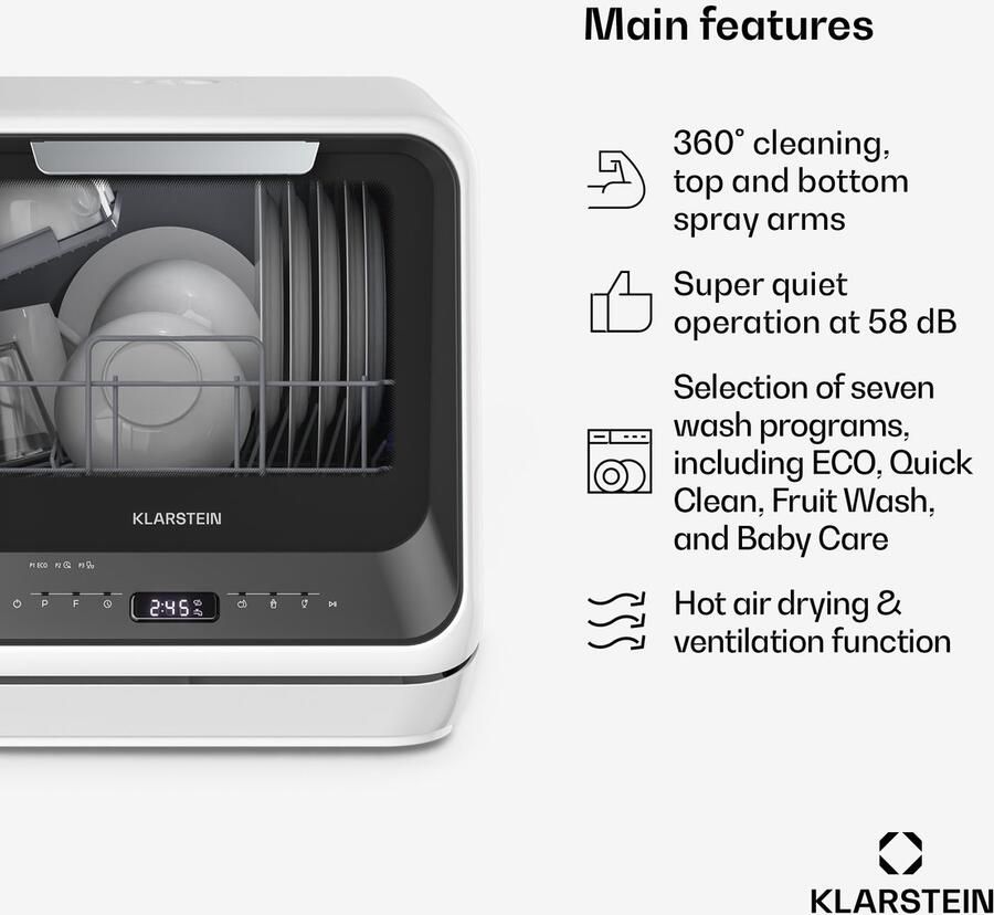 Klarstein Vaatwasser Amazonia Mini Compact Aanrechtblad 7 Programma's 5L Tank of Directe Aansluiting Energie-efficiëntieklasse D Stil 58dB Digitaal Display Draagbaar Tafelblad voor Kleine Keukens Zwart Dishwasher - Foto 8