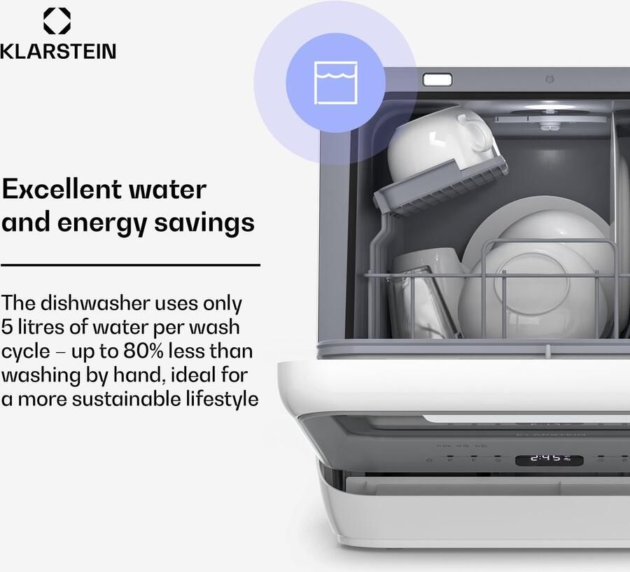Klarstein Vaatwasser Amazonia Mini Compact Aanrechtblad 7 Programma's 5L Tank of Directe Aansluiting Energie-efficiëntieklasse D Stil 58dB Digitaal Display Draagbaar Tafelblad voor Kleine Keukens Zwart Dishwasher - Foto 4