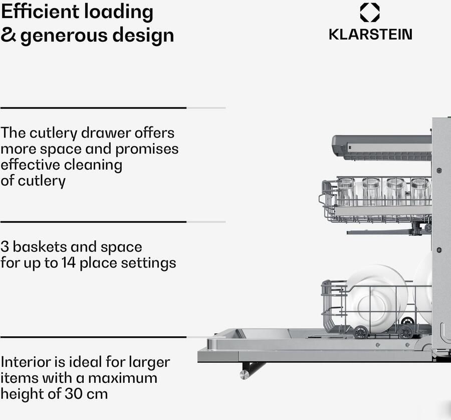 Klarstein Vaatwasser Luxara inbouw – geïntegreerde vaatwasser voor 14 couverts met 8 programma's AquaStop protectie eco wasprogramma en gering waterverbruik 6L voor Keuken Snelprogramma glas Dishwasher Afwasmachine