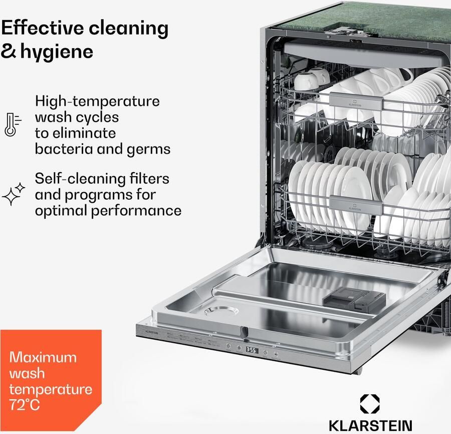 Klarstein Vaatwasser Luxara inbouw – geïntegreerde vaatwasser voor 14 couverts met 8 programma's AquaStop protectie eco wasprogramma en gering waterverbruik 6L voor Keuken Snelprogramma glas Dishwasher Afwasmachine