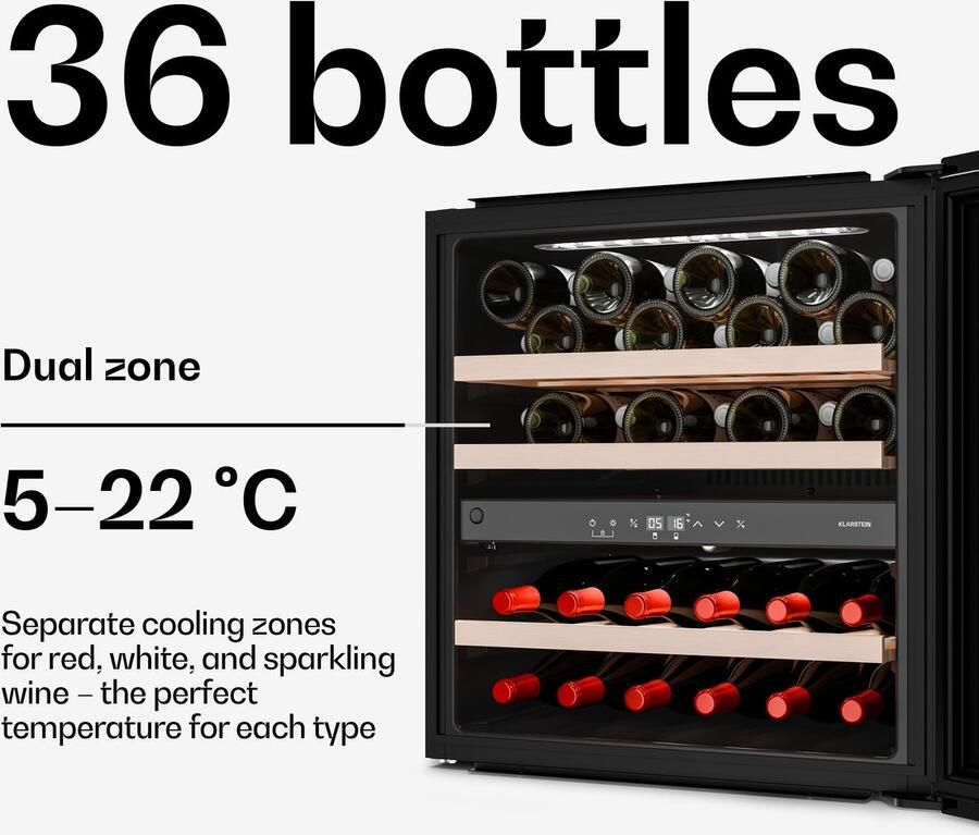 Klarstein Velaire wijnkoelkast met twee zones 36 flessen inbouw 5-22 °C touchbediening led uv-glas 41 dB minimalistisch design wijnkoeler - Foto 3