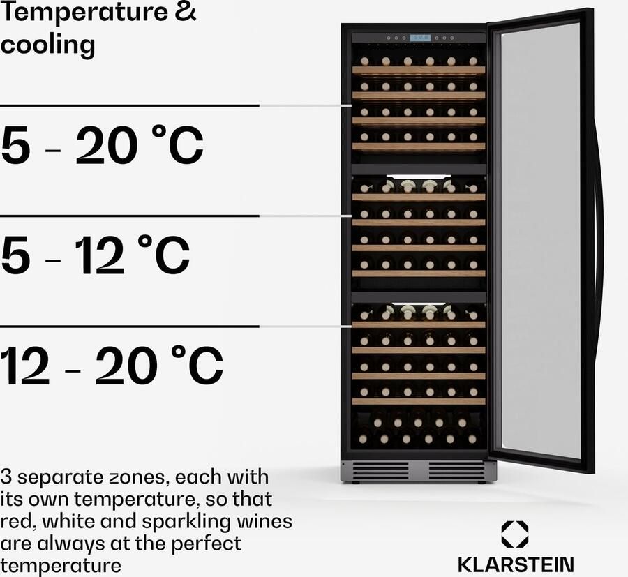 Klarstein Vinovilla Trio Weinkühlschrank – 144 Flaschen 3 Zonen 5–20°C LED Beleuchtung UV Schutz freistehend Weinklimaschrank – geschikt voor thuisfitness en sportschoolgebruik duurzame constructie eenvoudig te monteren ideaal voor krachttra - Foto 3