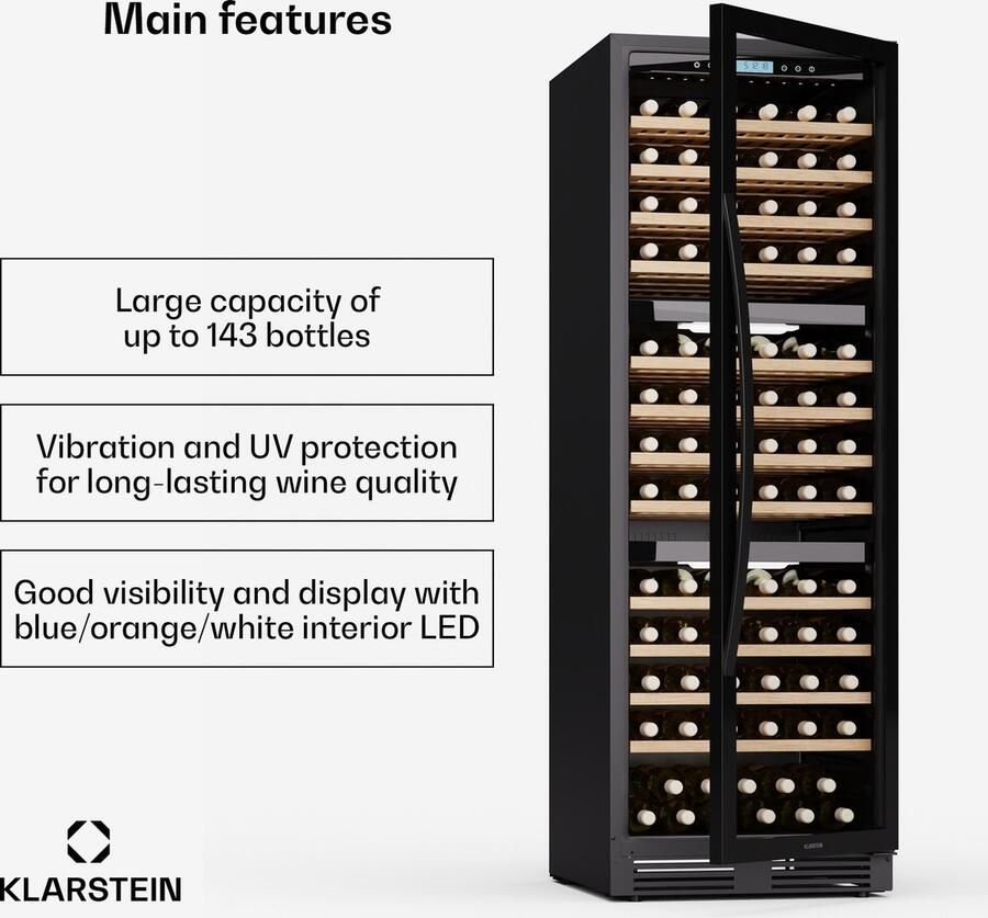 Klarstein Vinovilla Trio Wijnkoelkast 144 Flessen 3 Zones 38 dB 12 Schappen Compressor 413 Liter Zwart