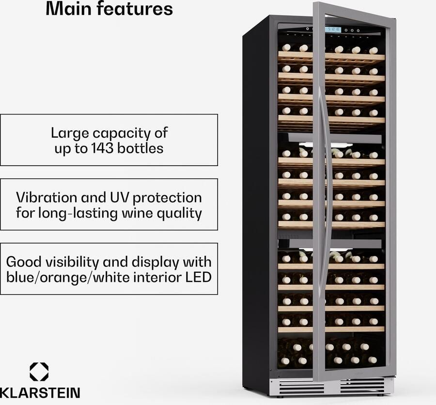 Klarstein Vinovilla Trio Wijnkoelkast 144 Flessen 413 Liter 3 Zones 38 dB 12 Schappen Compressor Roestvrij staal