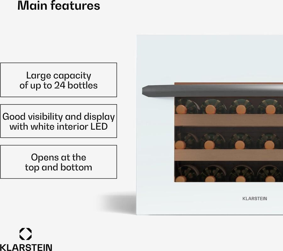 Klarstein Vinsider 24 Built-In Uno Inbouw-wijnkoelkast 24 flessen 1 zone 5-20 °C LED-verlichting UV-bescherming Houten legborden Stil Energiezuinig Wit Glazen deur