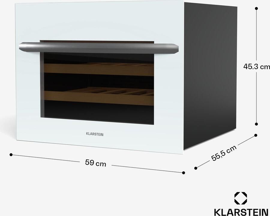 Klarstein Vinsider 24 Built-In Uno Inbouw-wijnkoelkast 24 flessen 1 zone 5-20 °C LED-verlichting UV-bescherming Houten legborden Stil Energiezuinig Wit Glazen deur