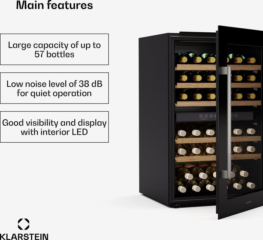 Klarstein Vinsider 57 Duo Weinkühlschrank 2 Zonen 57 Flaschen 5 22 °C Leise 38 dB Einbau UV Schutz Glas Holzregale Edelstahl R600a – geschikt voor thuisfitness en sportschoolgebruik duurzame constructie eenvoudig te monteren ideaal voor kra - Foto 4