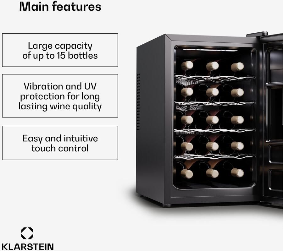 Klarstein vrijstaande wijnkoelkast 1 zone drankkoelkast klein kleine wijnkoelkast wijn koelkast klein met glazen deur indoor outdoor flessenkoelkast wine fridge 15 flessen