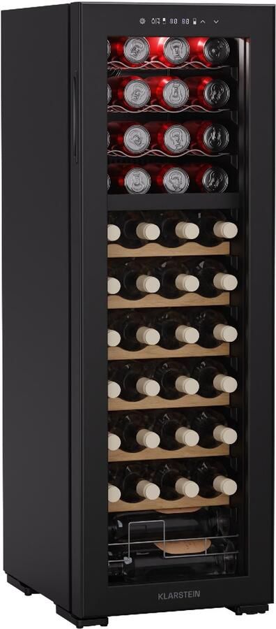 Klarstein Wijnkoeler Bovella 44 Duo+ – 44 flessen 2 zones 5–18 °C touchscreenbediening ledverlichting UV-bescherming vrijstaand wijnklimaatkast Wijnkoelkast 121L 43 dB 48 cm voor Bar LED-Verlichting Stil Houten Schappen