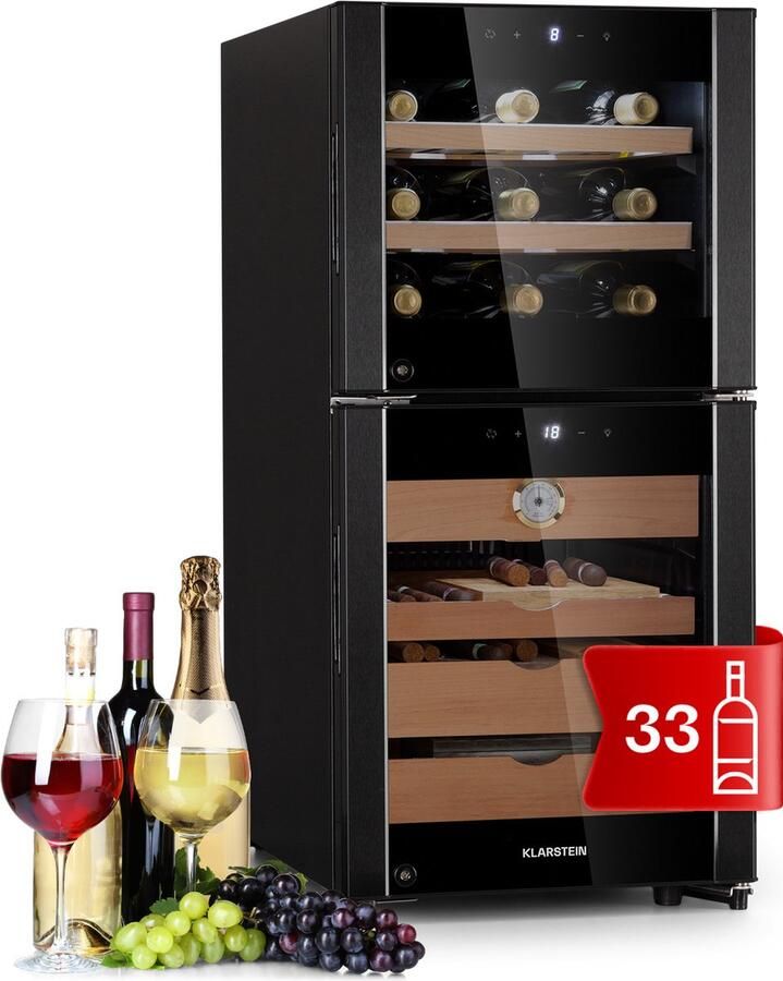 Klarstein Wijnkoeler humidor en koelkast met glazen deur wijn- en sigarenkast drankkoeler en humidor voor sigaren wijnkoelkast met led-display temperatuurregeling hygrometer 89 liter 58 cm voor Bar Touch Wijnklimaatkast - Foto 2