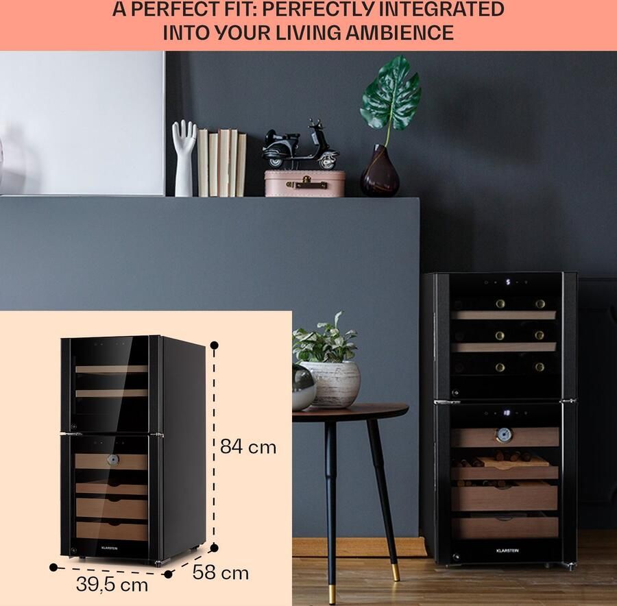 Klarstein Wijnkoeler humidor en koelkast met glazen deur wijn- en sigarenkast drankkoeler en humidor voor sigaren wijnkoelkast met led-display temperatuurregeling hygrometer 89 liter 58 cm voor Bar Touch Wijnklimaatkast - Foto 2