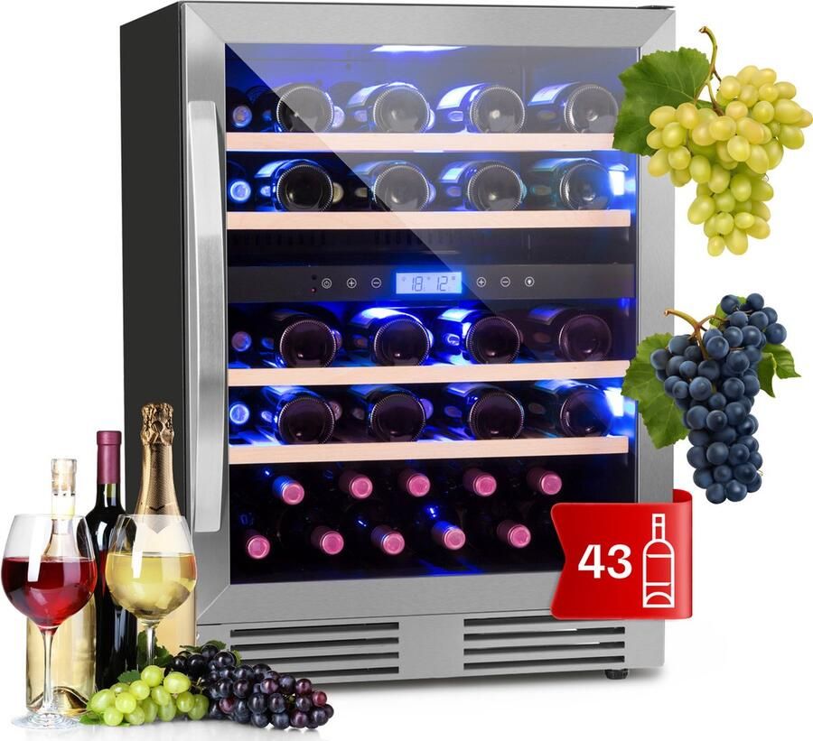 Klarstein Wijnkoeler Inbouw Drankenkoeler met 2 Zones Kleine Wijnkast 129L Kleine Wijnkoeler met Glazen Deur Flessenkoeler voor Binnen Buiten Wijnkoelkast voor 43 Flessen 60 cm Vrijstaand Wit Wijnklimaatkast Wine Cooler