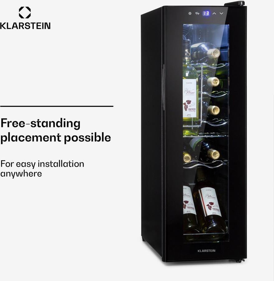 Klarstein Weinkühlschrank 1 Zonen Getränkekühlschrank Klein Kleiner Weinschrank 32L Wein Kühlschrank Klein met Glastür Indoor Outdoor Flaschenkühlschrank Wine Fridge 5 18°C 12 Flaschen – geschikt voor thuisfitness en sportschoolgebruik duurzam