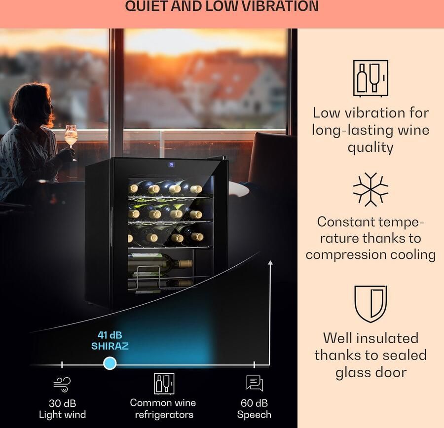Klarstein Weinkühlschrank 1 Zonen Getränkekühlschrank Klein Kleiner Weinschrank 42L Wein Kühlschrank Klein met Glastür Indoor Outdoor Flaschenkühlschrank Wine Fridge 5 18°C 16 Flaschen – geschikt voor thuisfitness en sportschoolgebruik duurzam