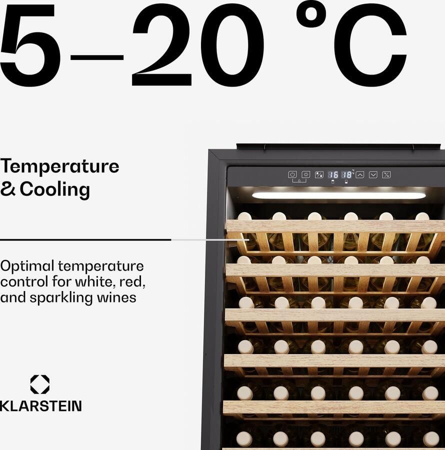Klarstein Wijnkoeler Rhone 59 Uno 59 flessen 1 zone 5-20 °C LED-bediening UV-bescherming stille werking zwart Wijnkoelkast 152L 38 dB voor Wijnliefhebber voor Bar Glazen Deur Houten Schappen Wijnklimaatkast Wijnkast