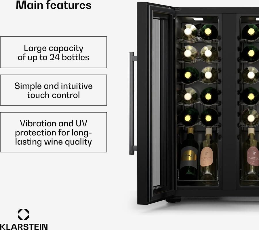 Klarstein Wijnkoeler Shiraz Wijnkoelkast 2 Koelzones Touch control LED verlichting Vrijstaand Zwart 24 Flessen voor Wijnliefhebber voor Bar Compressor glas Kunststof Wijnklimaatkast Wijnkast Wine Cooler