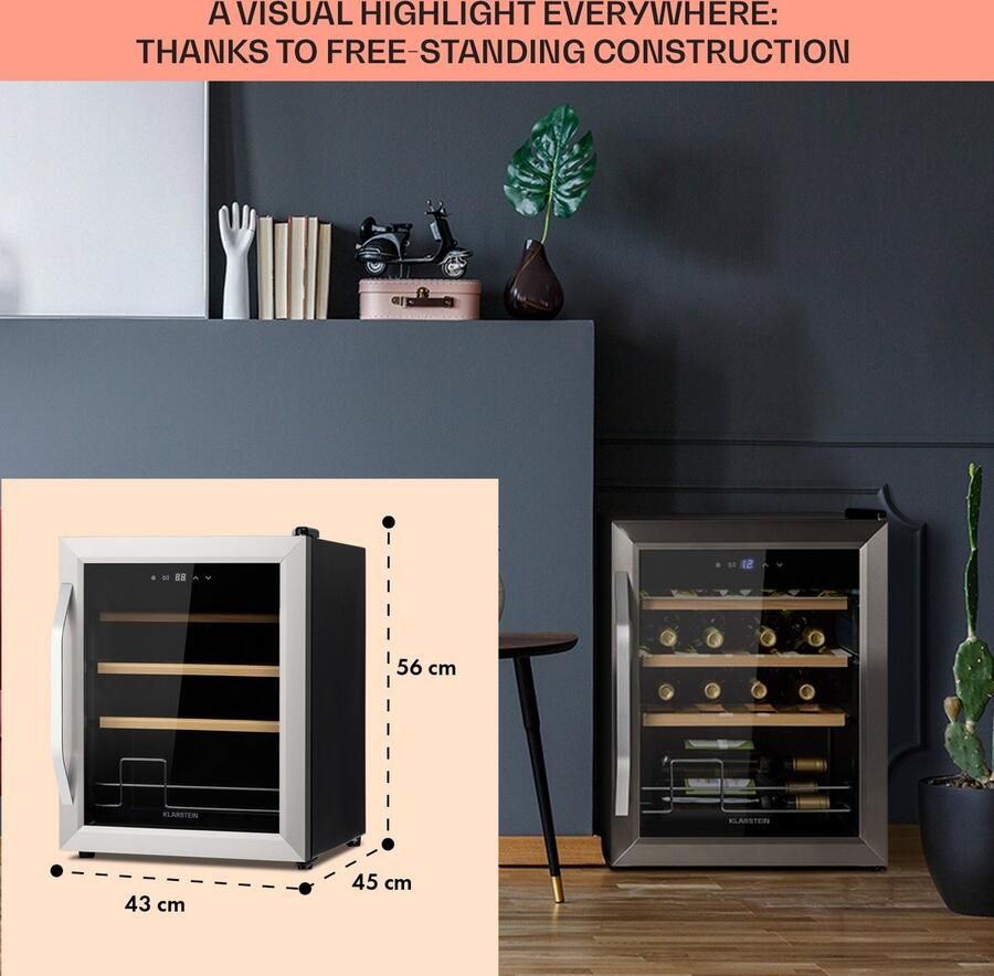 Klarstein Weinkühlschrank Getränkekühlschrank Schmal Kühlschrank met Glastür Getränkekühlschränke Freistehend Weinkühlschrank Klein Weinkühlschränke 1 Zone UV Schutz 5 18 °C 16 Flaschen – geschikt voor thuisfitness en sportschoolgebruik duur