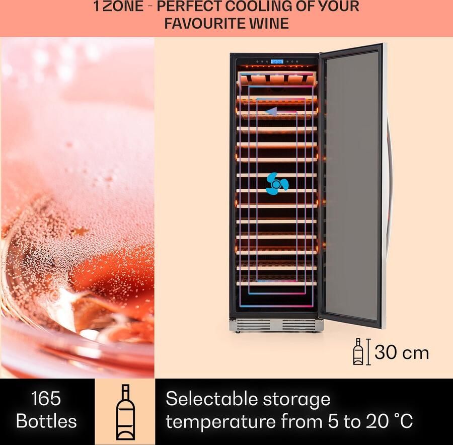 Klarstein Wijnkoeler Vinovilla Grande 165 Built-In Uno Wijnkoelkast 425 Liter 165 Flessen Glazen deur Zilver 70 cm Vrijstaand Inbouw Wit RVS glas Rood Wijnklimaatkast Wijnkast Wine Cooler Wine Fridge