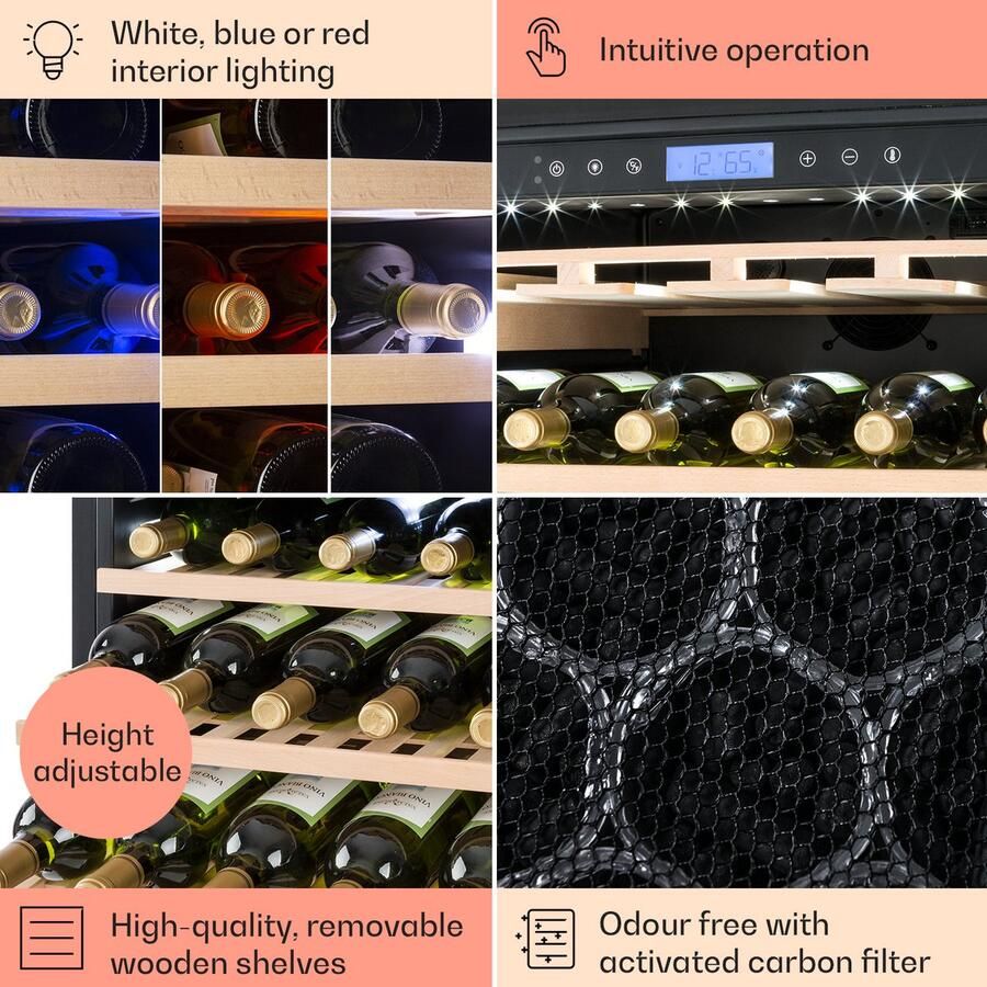 Klarstein Wijnkoeler Vinovilla Grande 165 Built-In Uno Wijnkoelkast 425 Liter 165 Flessen Glazen deur Zilver 70 cm Vrijstaand Inbouw Wit RVS glas Rood Wijnklimaatkast Wijnkast Wine Cooler Wine Fridge