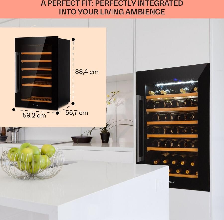 Klarstein Wijnkoeler Vinsider 52 Built-in Uno Inbouw wijnkoelkast 52 Flessen 137 Liter Roestvrij staal Zwart Touch Houten Schappen RVS Wine Cooler Wine Fridge Wijnklimaatkast Wijnkast