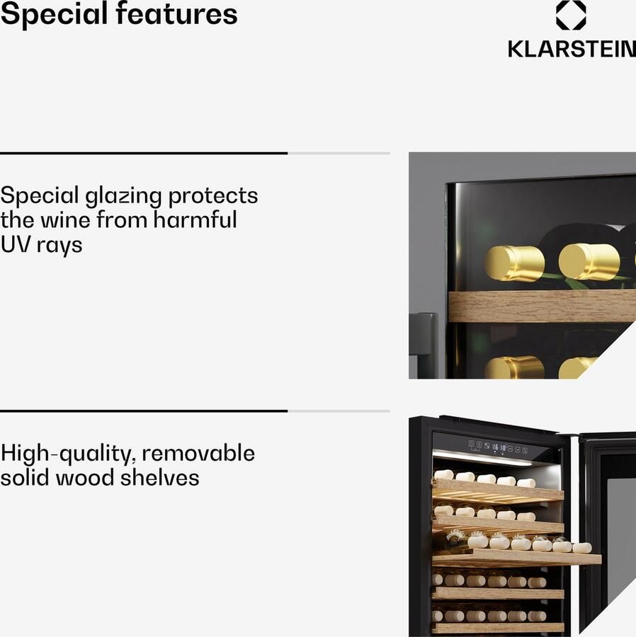 Klarstein Vinsider 57 Duo Weinkühlschrank 2 Zonen 57 Flaschen 5 22 °C Leise 38 dB Einbau UV Schutz Glas Holzregale Edelstahl R600a – geschikt voor thuisfitness en sportschoolgebruik duurzame constructie eenvoudig te monteren ideaal voor kra - Foto 3