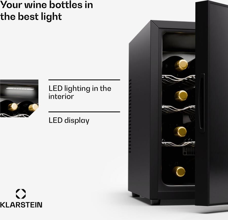 Klarstein Freistehender Weinkühlschrank 1 Zonen Getränkekühlschrank Klein Kleiner Weinschrank Wein Kühlschrank met Glastür Leiser Flaschenkühlschrank voor Wein & Bier 5 22°C 16 Flaschen – geschikt voor thuisfitness en sportschoolgebruik duurza