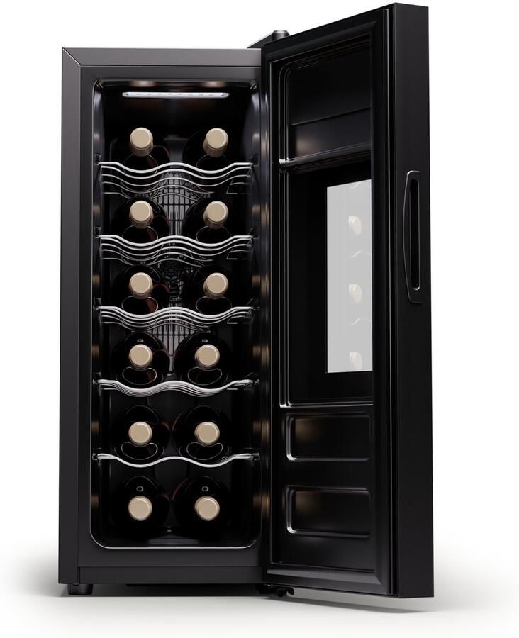 Klarstein Wijnkoeler vrijstaande wijnkoelkast 1 zone drankkoelkast klein kleine wijnkoelkast wijn koelkast klein met glazen deur indoor outdoor flessenkoelkast wine fridge 12 flessen Wijnklimaatkast 30L 35 dB 51 cm voor Bar