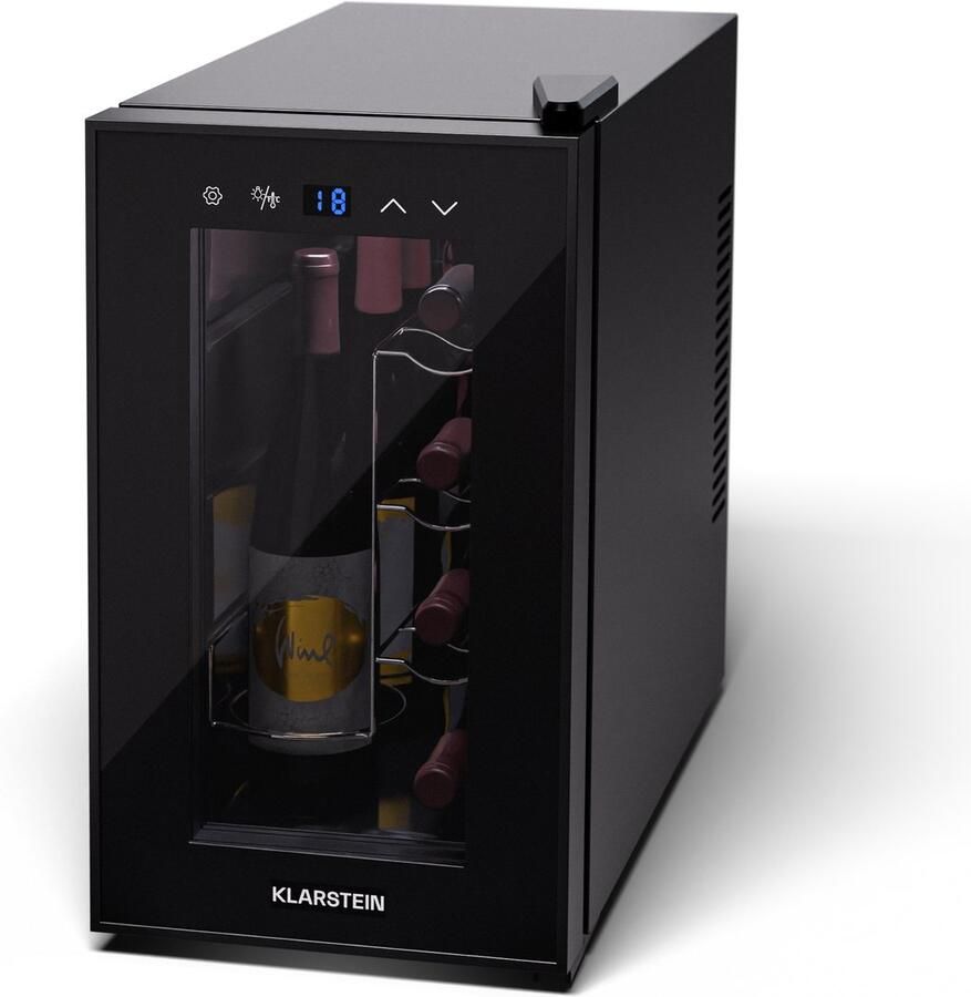 Klarstein Wijnkoeler wijnkoelkast 1 zone drankkoelkast met glazen deur geruisloze indoor outdoor koelkast kleine 21 L koelkast voor flessen wijnkast voor dranken voor 8 flessen 8-18°C voor Bar Touch Zwart Wijnklimaatkast